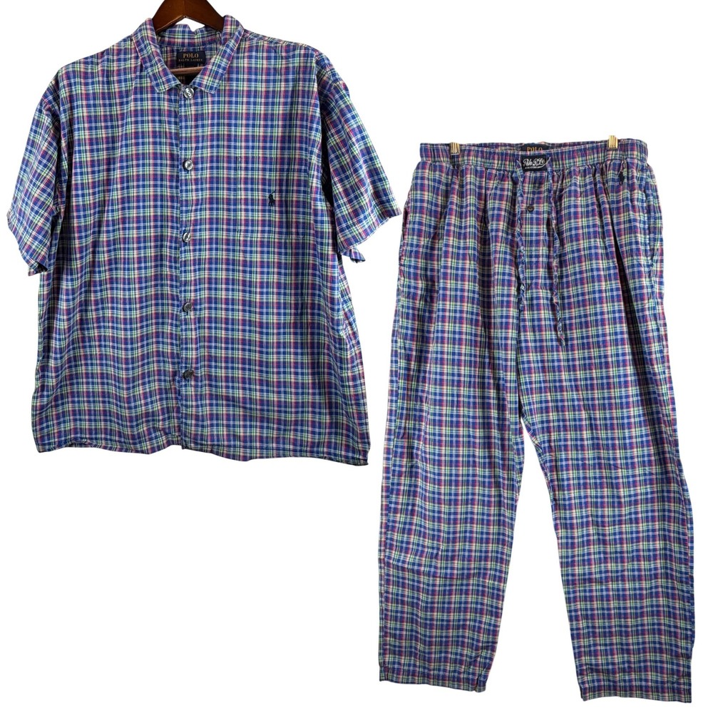Polo Ralph Lauren Men's XL Plaid Cotton Pajama Set Shirt Pants Sleepwear Blue